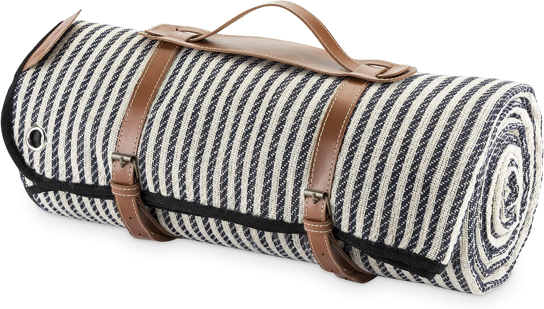 Twine Picnic Blanket - Waterproof Outdoor Blanket with Leather Carrying Straps and Picnic Stakes - Navy/White Striped 6pc Set of 1