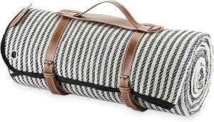Twine Picnic Blanket - Waterproof Outdoor Blanket with Leather Carrying Straps and Picnic Stakes - Navy/White Striped 6pc Set of 1