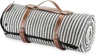 Twine Picnic Blanket - Waterproof Outdoor Blanket with Leather Carrying Straps and Picnic Stakes - Navy/White Striped 6pc Set of 1