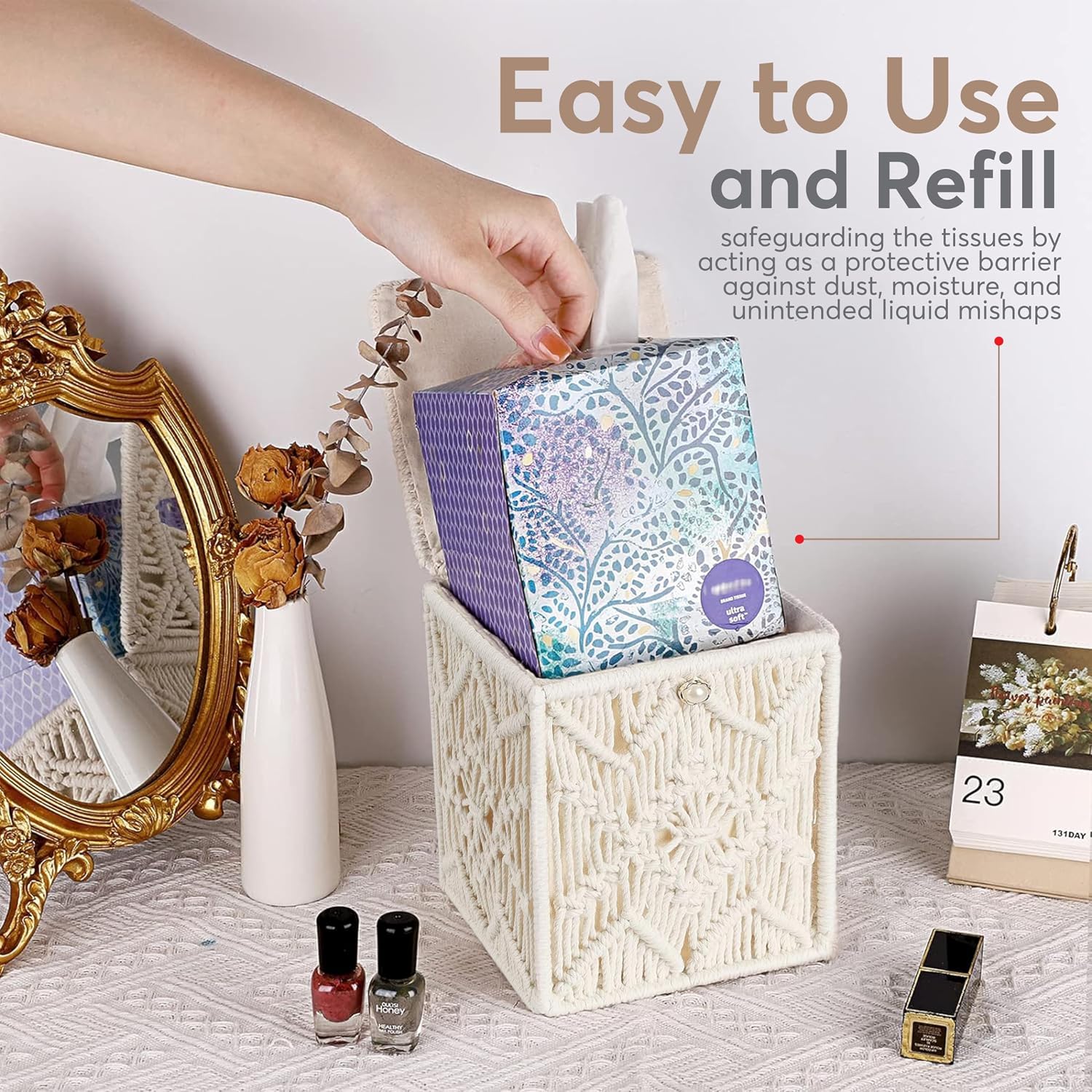 Tissue Box Cover Square Woven Macrame Napkin Facial Paper Organizer Boho Decor Tissues Holder with Bead Buckle, Home Desk Vanity Countertop Decor for Bathroom Bedroom Living Room Office, Ivory image 2