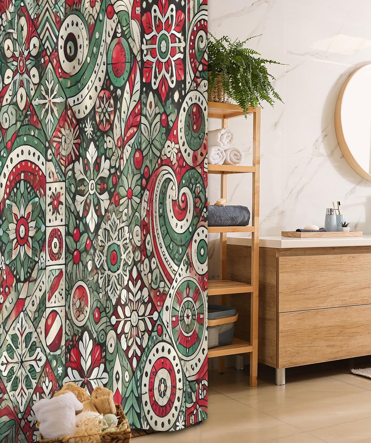 Ambesonne Christmas Stall Shower Curtain, Jumble Design of Leafy Atmosphere Xmas Floral and Winter Bells Party, Fabric Bathroom Decor Set with Hooks, 36" W x 72" L, Dark Pink Laurel Green