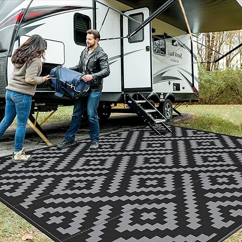 GENIMO Outdoor Rug Waterproof, 10' x 10' Reversible Plastic Straw Rug, Lightweight Large RV Camping Mat for Patio, Deck, Camper, Balcony, Backyard, Picnic, Black & Gray