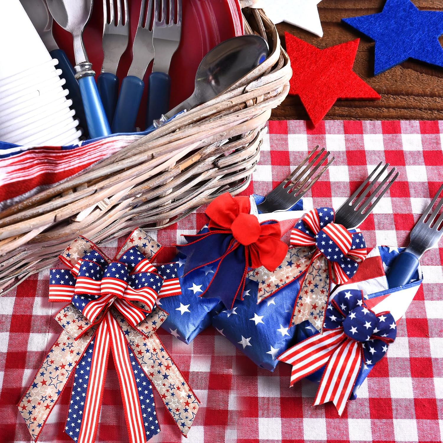Solsew 3 Rolls Red White and Blue Patriotic Ribbons 250th 4th of July Double Sided 18 Yards 2.5 Inch American Flag Burlap Wired Edge Ribbon for Independence Memorial Day Wreath Party Decor