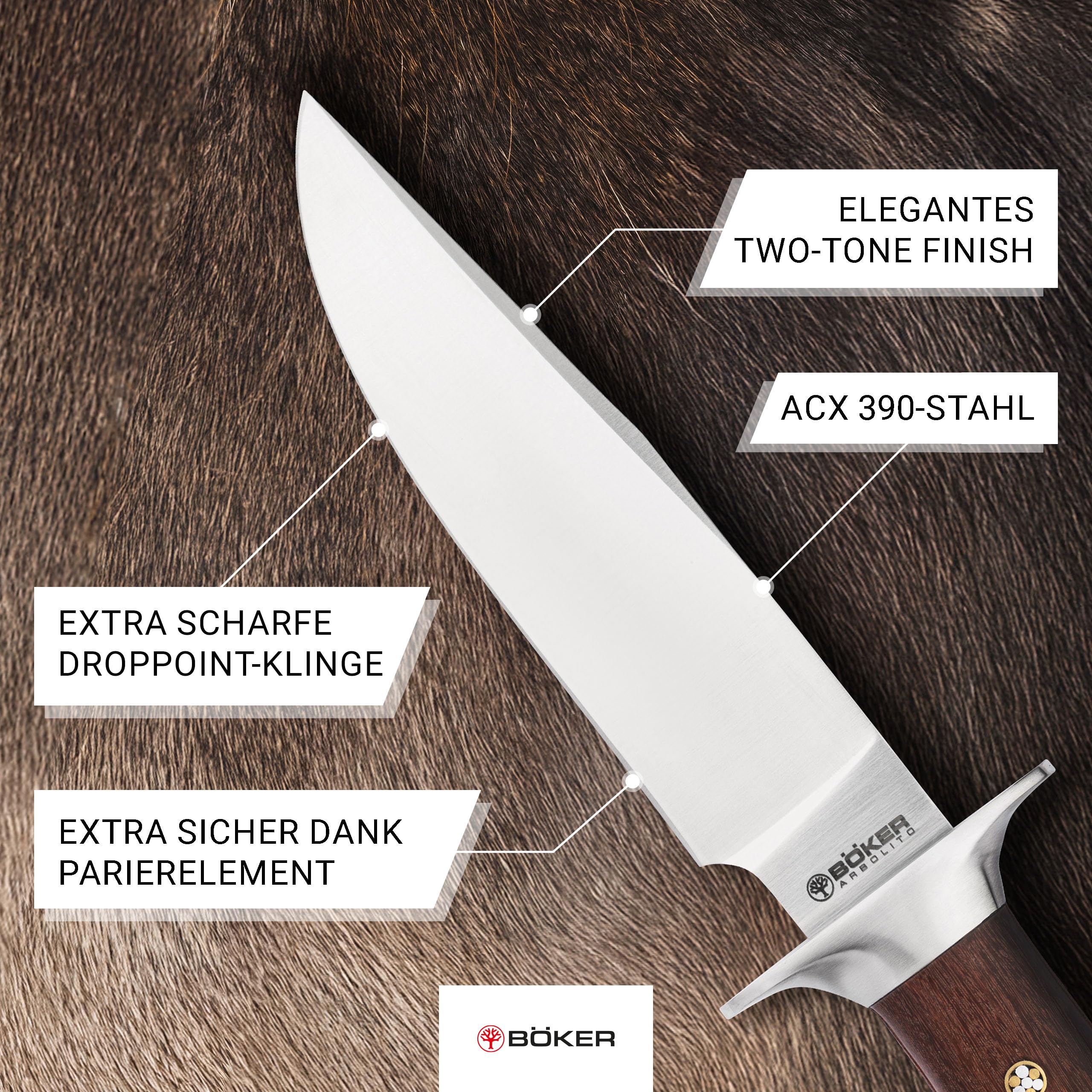 BÖKER ARGENTINIA® Torito GX - klassisches Jagdmesser mit feststehender Klinge 16,2 cm & Holzgriff - Bushcraft Messer mit Leder-Scheide braun - handgemachtes Profi Full Tang Abfangmesser für Outdoor