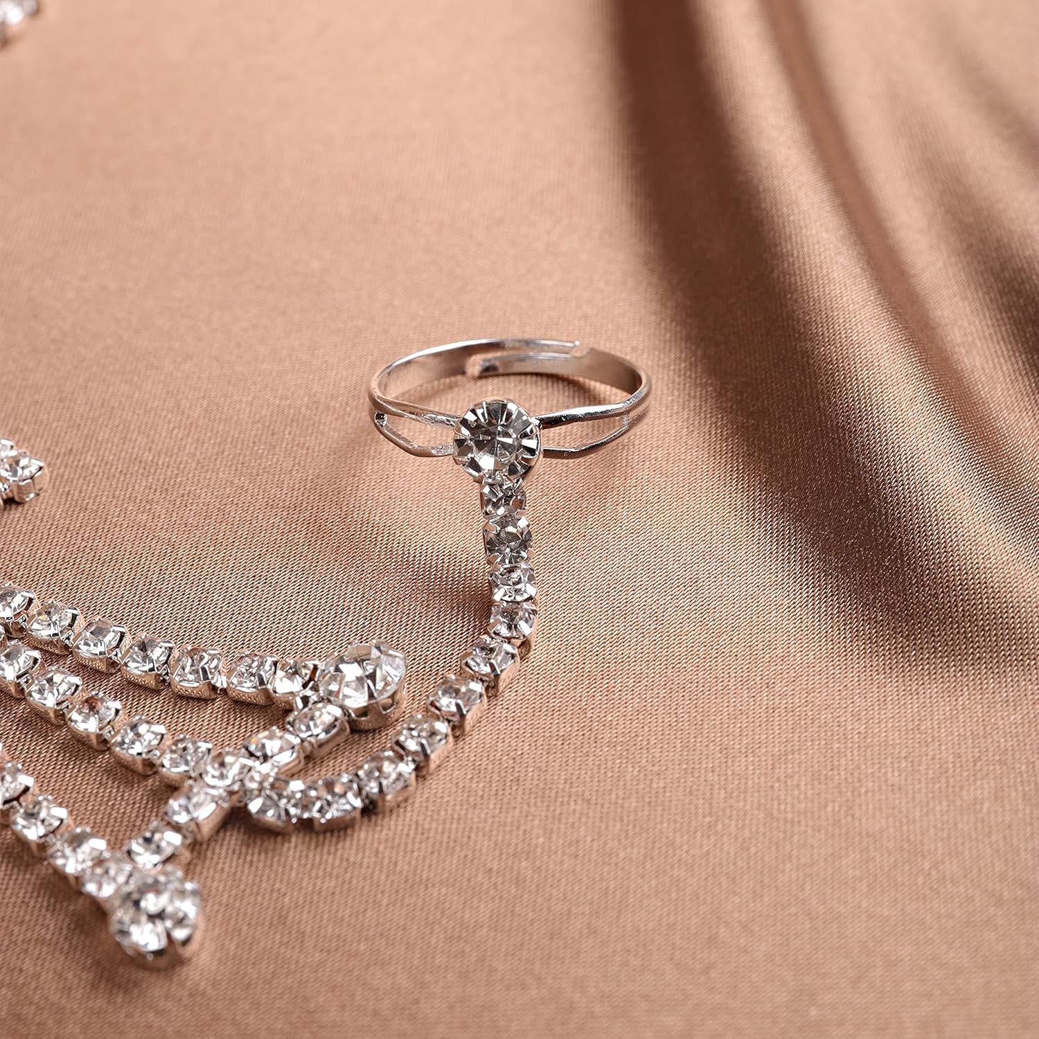 YERTTER Elegant Rhinestone Butterfly Bridal Slave Chain Link Bracelet Silver Gold Crystal Wedding Hand Harness Bangle Finger Rings Adjustable Hand Jewelry Accessories for Women(Style 11) - Image 6