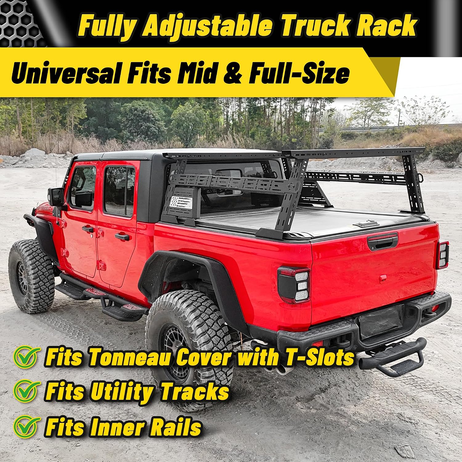 MONOKING Full Size Truck Bed Rack Adjustable 16"-25" High, Overland Bed Racks w/ 2 Crossbars & DIY Flag Panels for F150 F250 Silverado Sierra Ram 1500 2500 Tundra Titan, Cargo Racks 1300 LBS Load