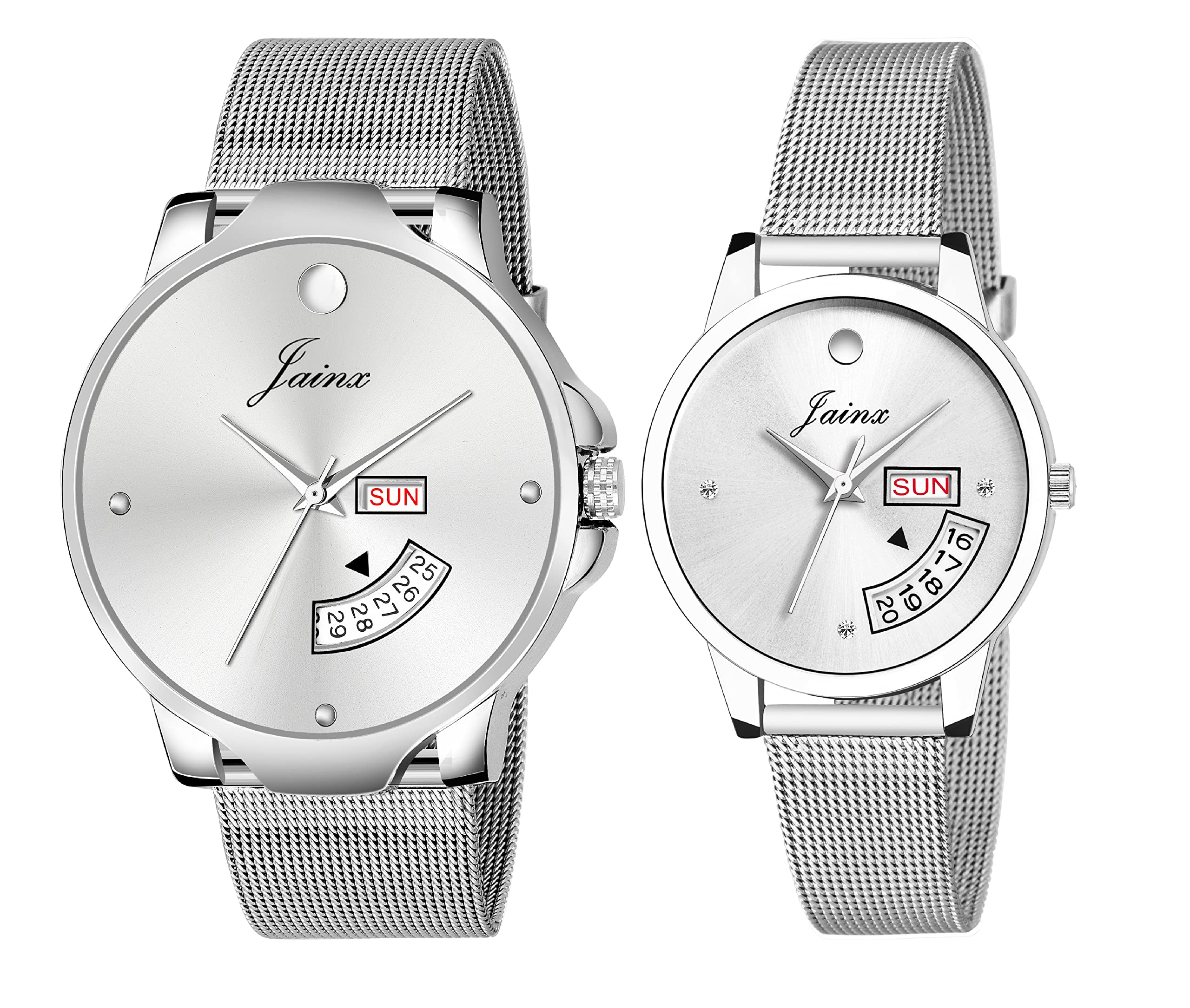 jainx Silver Stainless Steel Chain Day and Date Feature Analog Wrist Watch for Couple - JC489 (B09RPJTYDH) Amazon Price History, Amazon Price Tracker