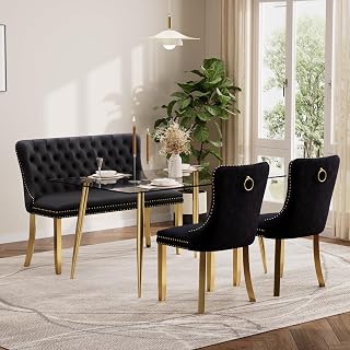 Baysitone 51" Glass Dining Table Set for 4, 4 Piece Modern Dining Room Set, Rectangular Glass Kitchen Table with 2 Upholstered Velvet Chairs and Dining Bench(Black&Gold)