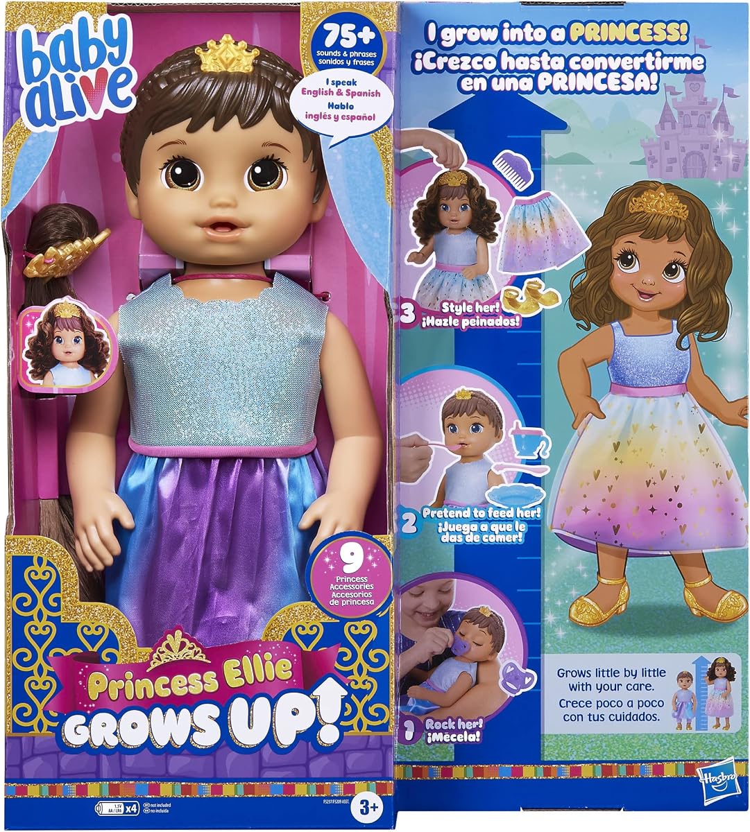 ¡La princesa Ellie crece! Cabello castaño, muñeca interactiva con accesorios, juguetes para niñas y niños mayores de 3 años, 18 pulgadas
