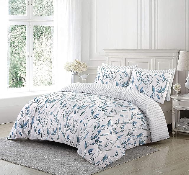 Duvet Cover Set with Pillowcases 3 Piece, Floral Printed 200 Thread Count 100% Cotton Rich White & Blue Duvet Cover Bedding Set Double King Super King Bed Size (King)