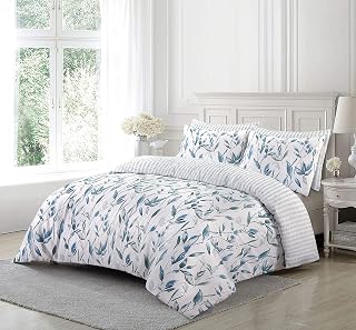 Duvet Cover Set with Pillowcases 3 Piece, Floral Printed 200 Thread Count 100% Cotton Rich White & Blue Duvet Cover Bedding Set Double King Super King Bed Size (Double)