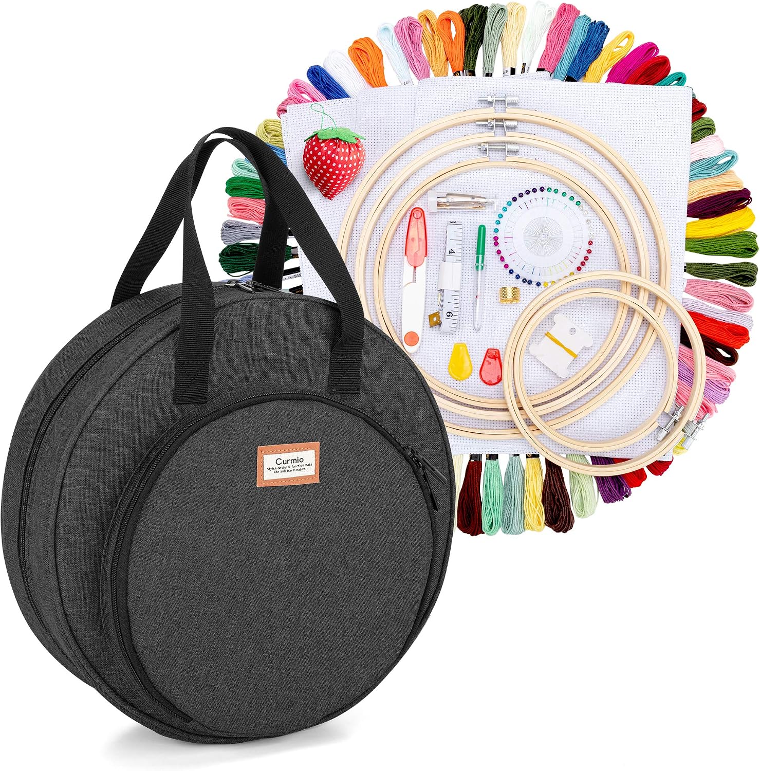 CURMIO Embroidery Starter Kit, Cross Stitch Tools Kit with Storage Bag, Embroidery Kit for Adults and Kids Beginners, DIY, Home and Travel, Black (Patented Design)