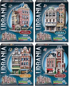 Wrebbit 3D Urbania Collection 3D Puzzle Bundle | Includes Hotel, Cinema, Cafe and Fire Station | 1165 Pieces Jigsaw Puzzle Pieces Total | Build a Charming and Unique Streetscape of a Small Town