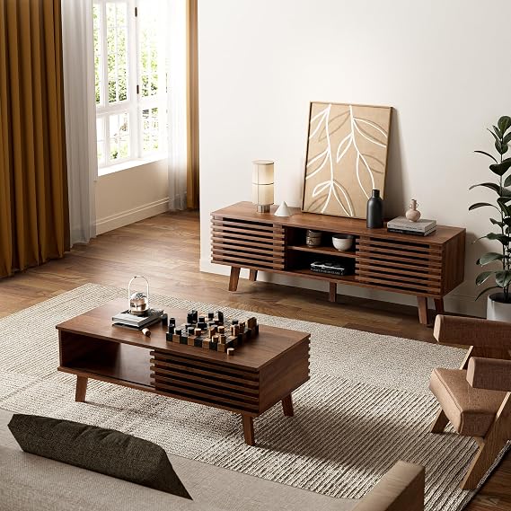 MAISONARIA Mid Century Coffee Table with Storage & Sliding Fence Door, Modern Coffee Tables for Living Room, Walnut Finish