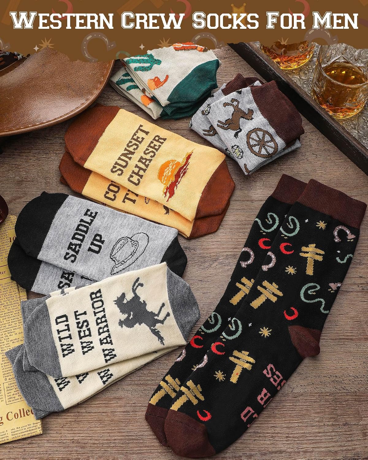 Skicuff 6 Pairs Western Crew Socks Horse Cowboy Boot Socks Cowgirl Casual Novelty Fun Gifts for Men Women Holiday Gifts