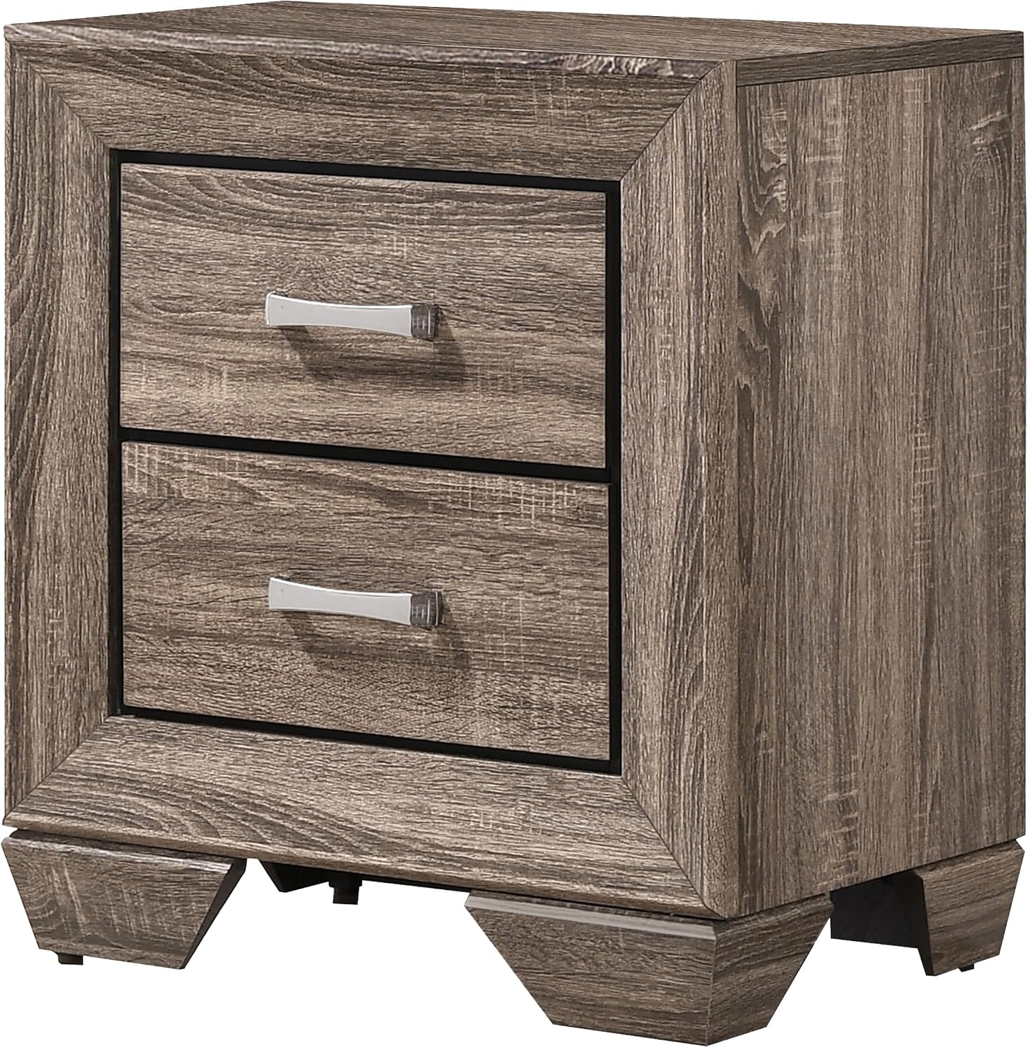 BOWERY HILL 2-Drawer Contemporary Wood Nightstand, 27" H x 23.5" W x 16.5" D, Washed Taupe Gray/Chrome Finish, MDF Particle Board Construction, Sleek Metallic Pull Handles, Transitional Style Bedroom