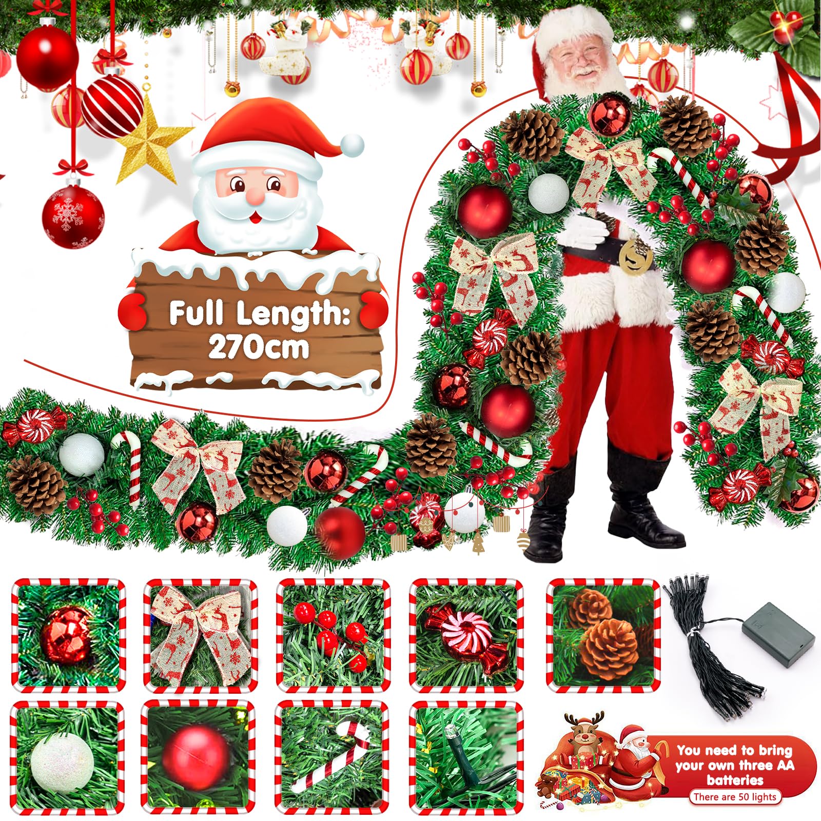 Weihnachtsgirlande 2.7M,mit Beleuchtung 50 LEDs warmweiß, Kommt mit 45 Weihnachtsaccessoires，Künstliche Tannengirlande.Weihnachtsdeko Tannengrün mit Lichterkette & Deko für In- & Outdoor.