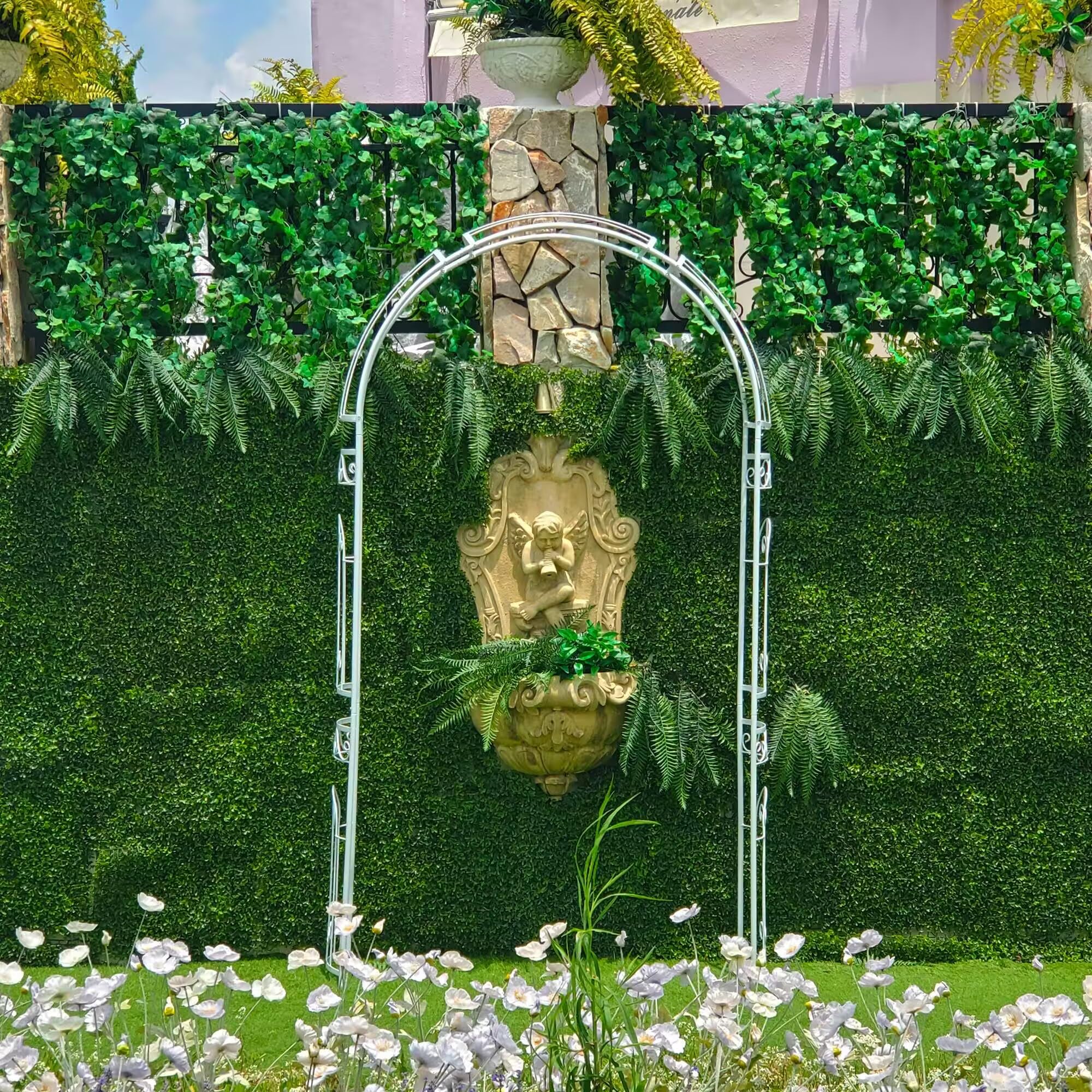 Weiß Rosenlaubengarten 242 x 114 x 35,5 cm Weißes Hochzeitsbogen Gartenbogen Metallbogen mit Eleganter Kurve für Kletterpflanzen, Rosen, Reben, Rasen, Garten, Patio, Outdoor-Zeremonie