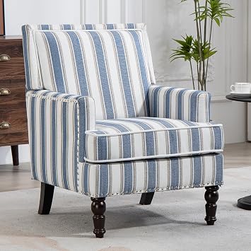 Yogald Vintage Striped Accent Armchair Set of 2, Comfy Upholstered Reading Chair with Nail-Head Trim, Farmhouse Sofa Chair, Coastal Single Corner Chair for Living Room Guest Room Blue White Linen