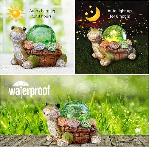 Miniatura 4 de yuanwimey Estatuas solares de tortuga de jardín con decoración de césped suculento, estatua de tortuga para patio, balcón, adorno de patio, regalos
