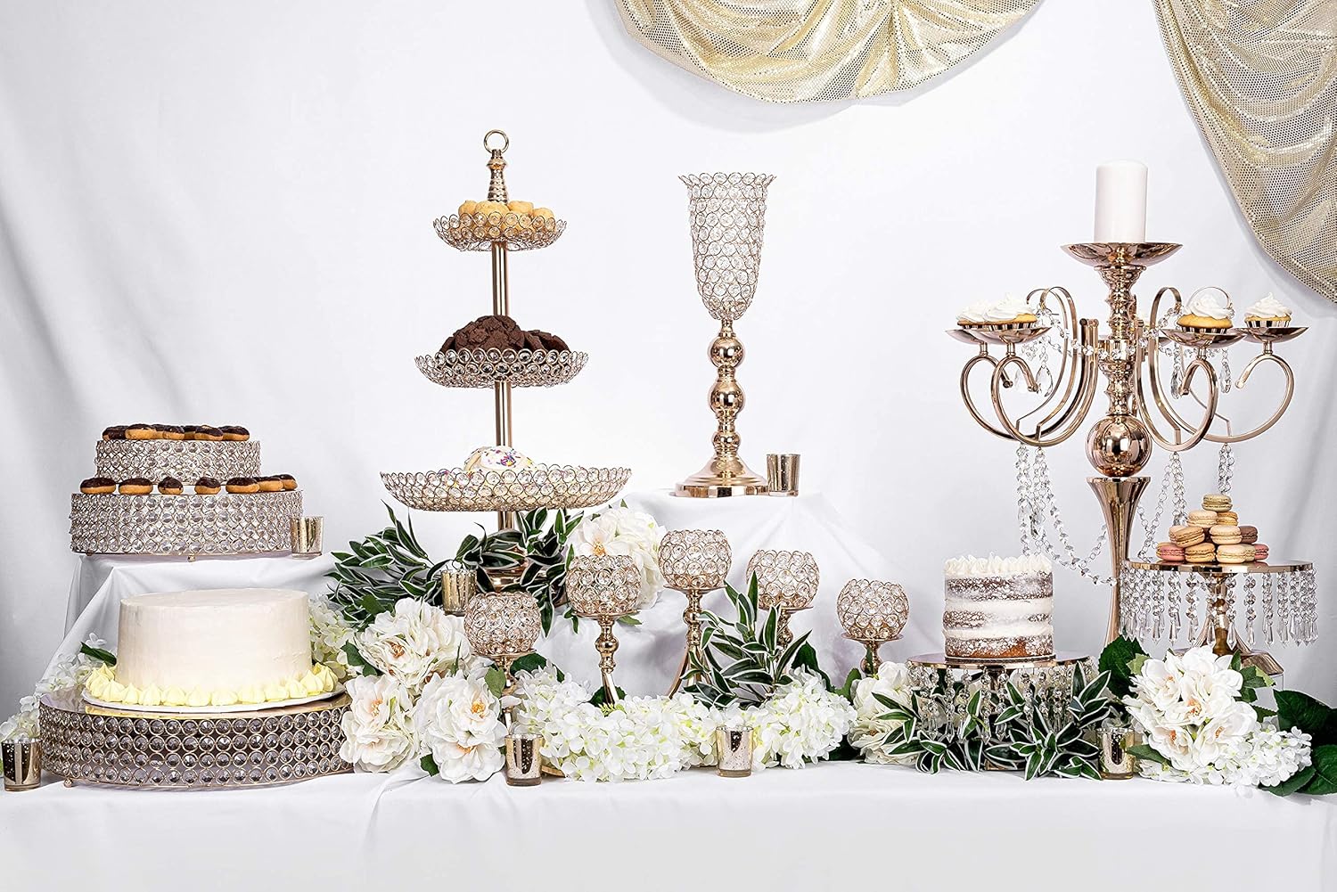 Simply Elegant - 18" Round Crystal Beaded Cake Stand, Large Cake, Dessert Cupcake Pastry Candy Display Plate for Wedding Event Birthday Party Celebration - Gold