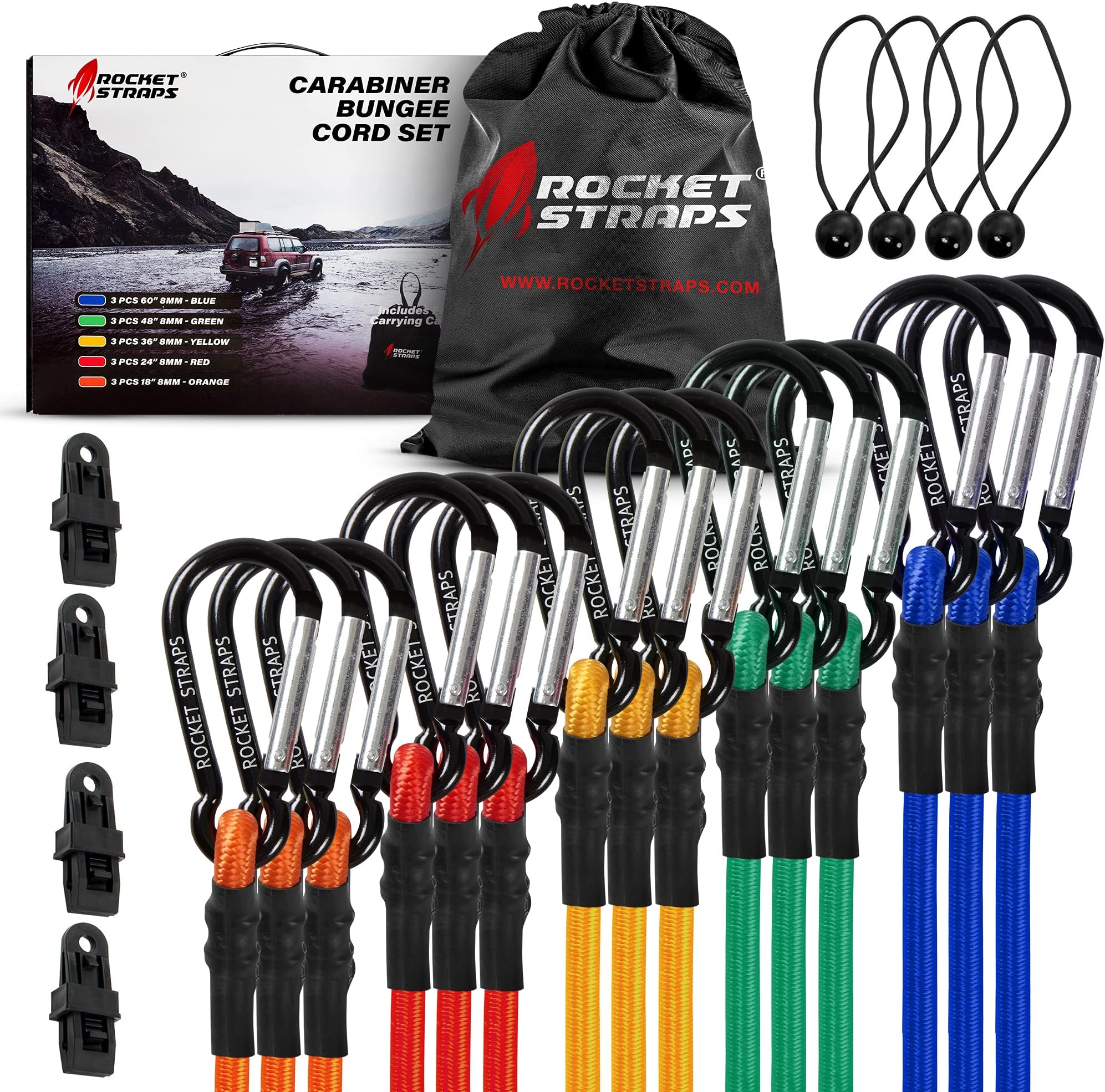 ROCKET STRAPS Bungee Cords | Premium Heavy Duty Outdoor Carabiner Bungee Cords with Hooks | Bungee Cord Assortment Includes | Tie Downs | Ball Bungees | (4) Tarp Clips | Bungie Cord Straps