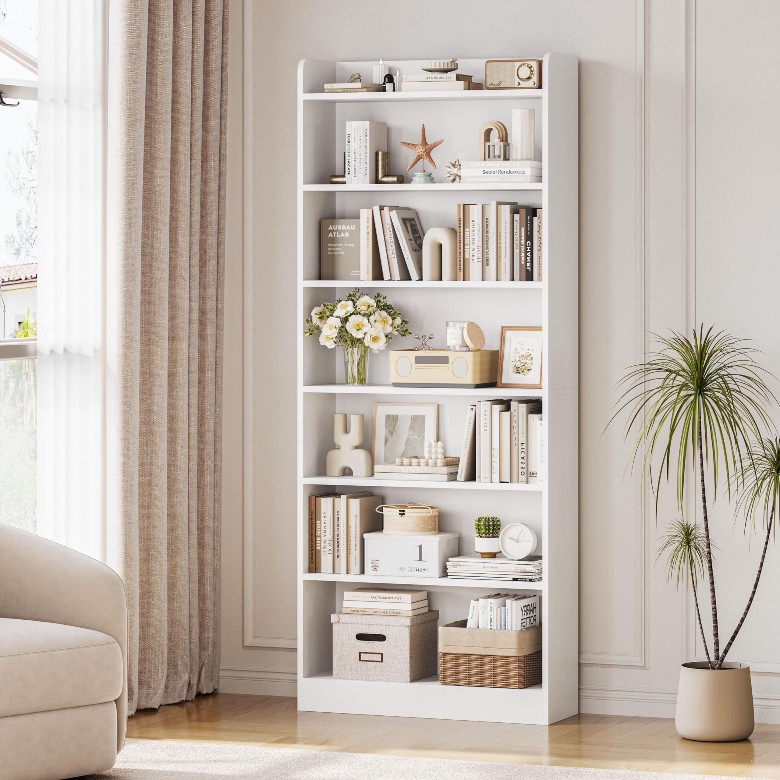Yaheetech Libreria a 7 Ripiani, Scaffale in Legno con Ripiani Regolabili, 60 x 24 x 183 cm, Libreria Verticale Salvaspazio per Soggiorno, Cameretta, Studio, Ufficio, Bianco