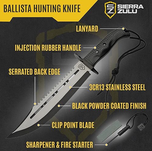 Miniatura 3 de Sierra Zulu Cuchillo de caza de supervivencia con vaina, cuchillo táctico Bowie de hoja fija de 10.5 pulgadas, punta de clip con borde trasero