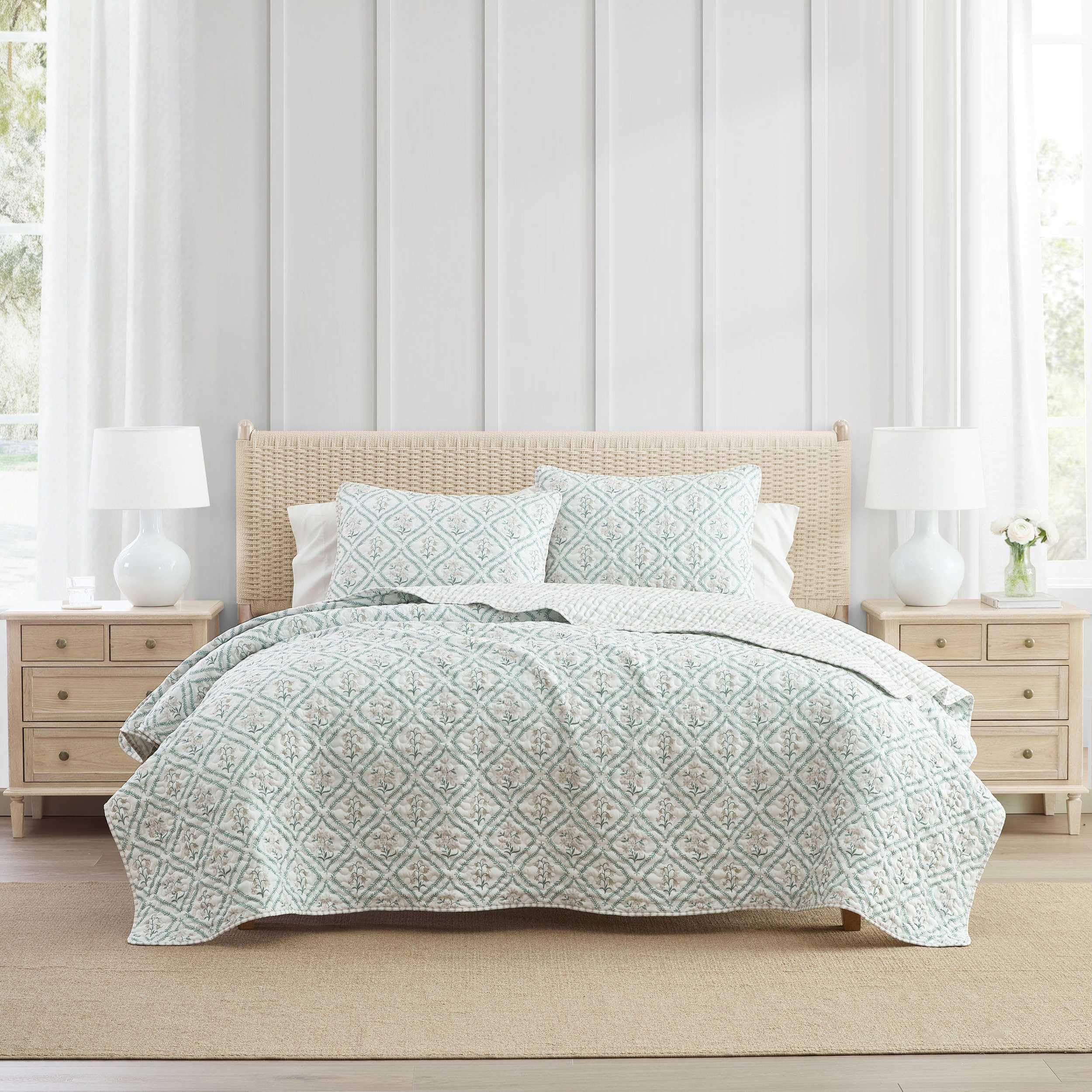 Martha Stewart - Twin Quilt Set with Matching Sham, Soft & Reversible Bedding for Year Round Comfort, Costa Ticking Stripe Green