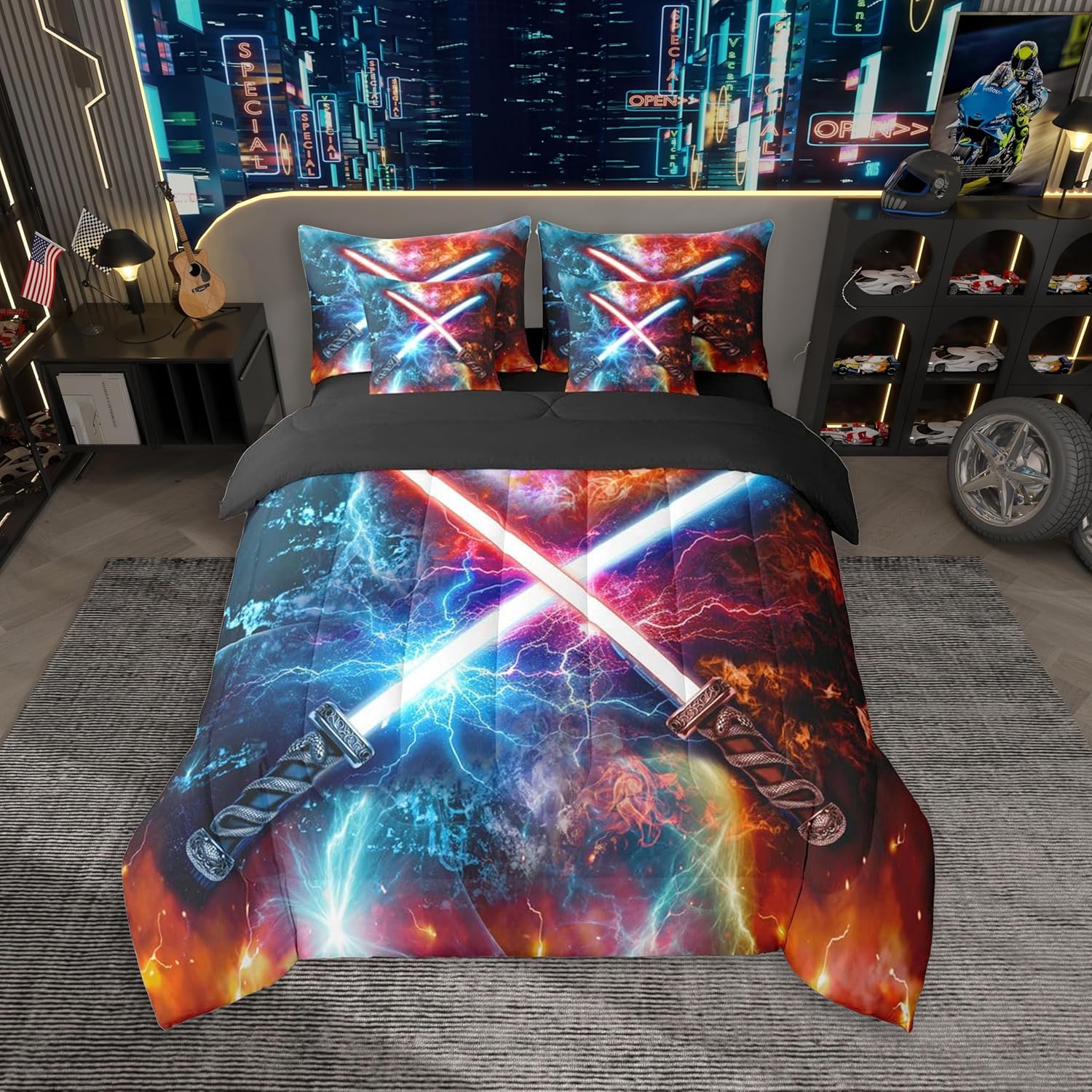 Feelyou Kids Lightsaber Comforter Set 7 Pieces Full Size Gear Cogwheels Pattern Bedding Set for Boys Girls 3D Neon Blue Red Bed in a Bag with Comforter, Sheets, Pillowcases & Cushion Covers