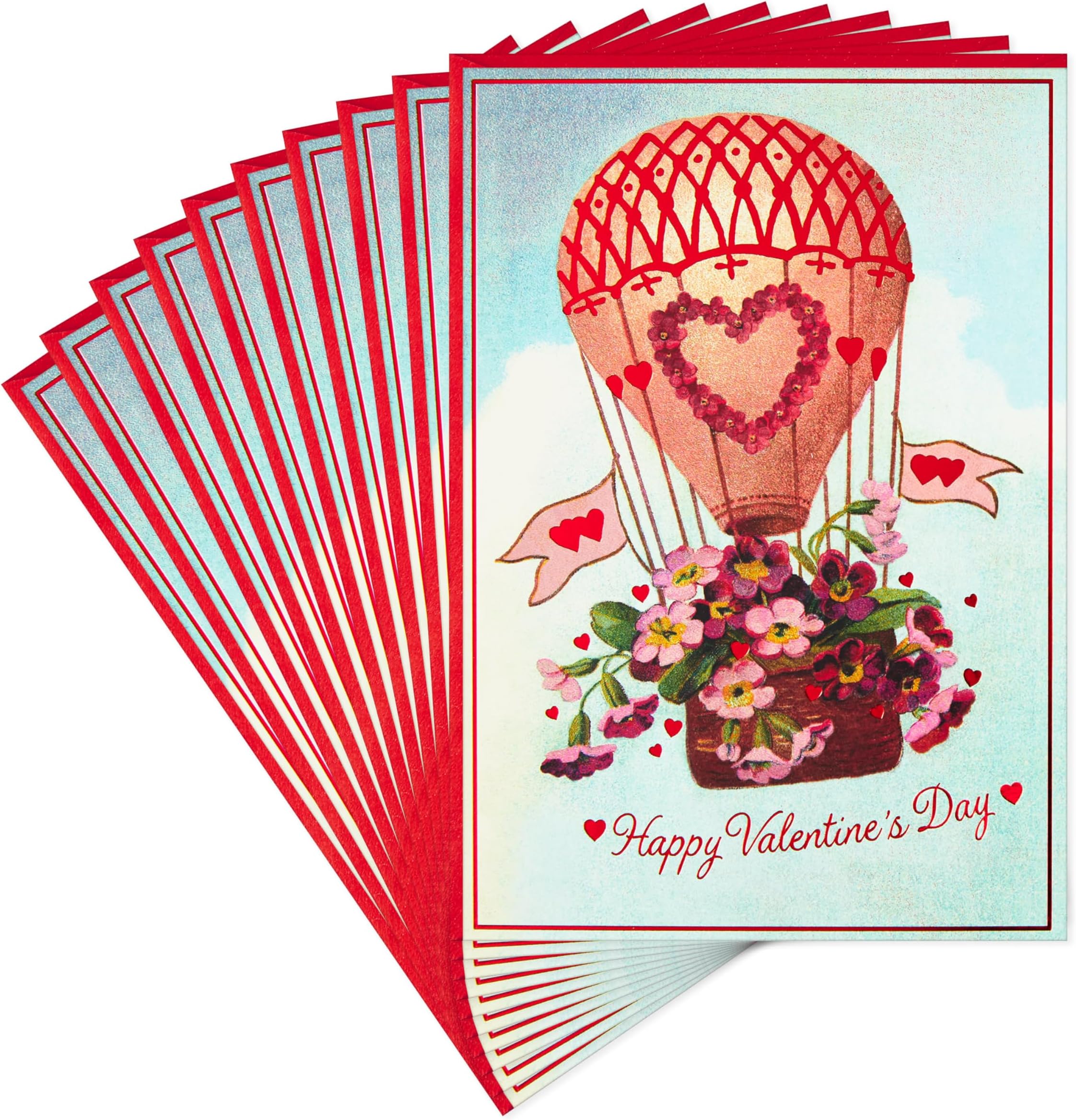 Pack of Valentines Day Cards, Vintage Hot Air Balloon (10 Valentines Day Cards with Envelopes)