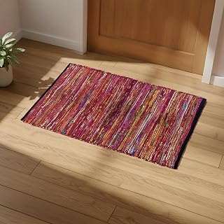 Ramanta Home Cotton Chindi Hand Woven Reversible Rug 2x3 ft Multi Color - Boho Area Rug for Living Room, Kitchen, Entryway, Indoor Outdoor