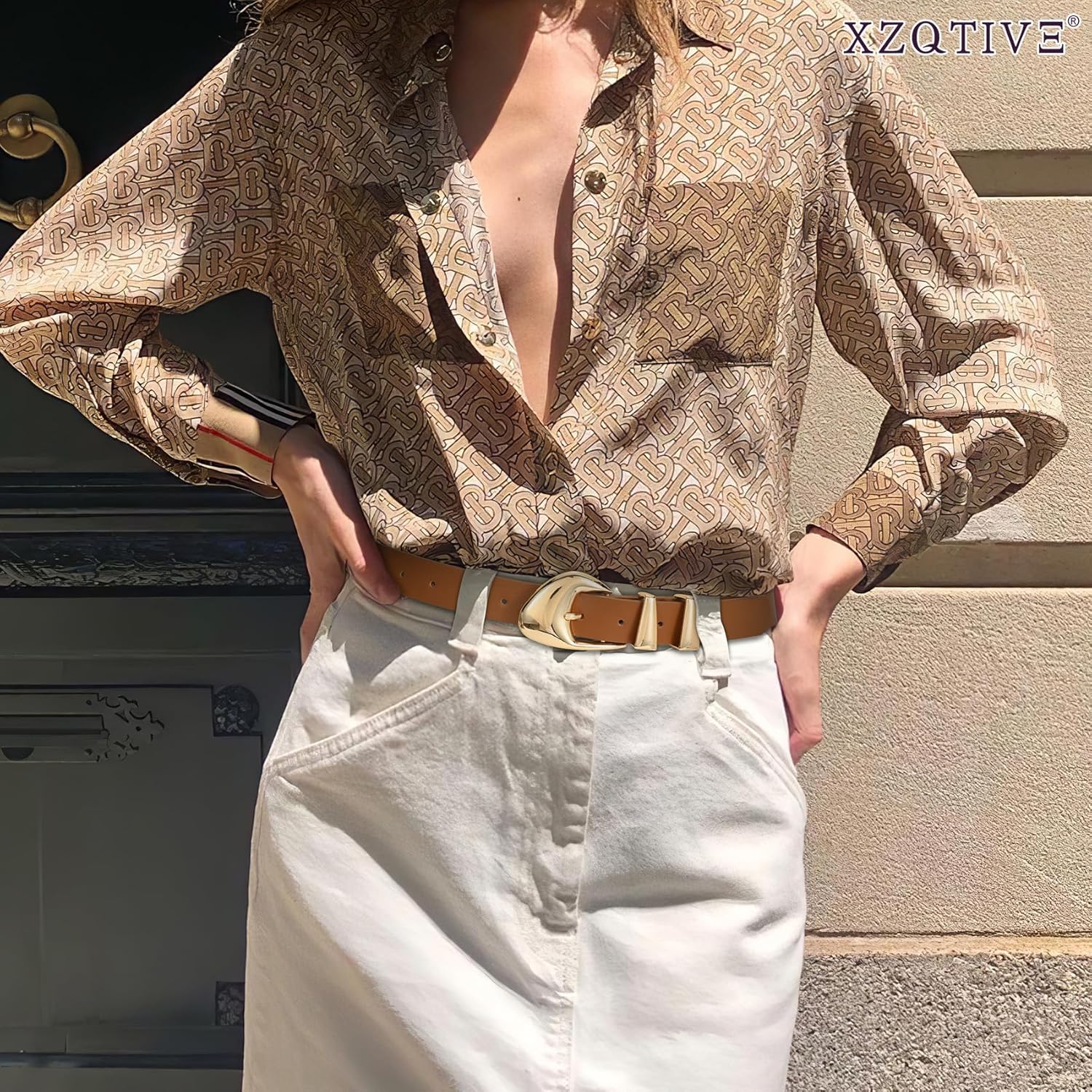 XZQTIVE Women's Leather Belts for Jeans Dress Pants Black Brown Belts for Women Ladies Waist Belts with Gold Buckle - Image 5