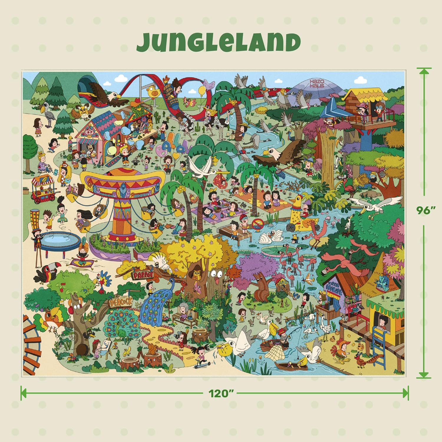 Extra Large Jungle Explorer Rug 8x10 – Vibrant Cartoon Safari with Birds, Boats, Rides & Forest Scenes – Ideal for Playrooms, Classroom, Daycares, or Activity Spaces