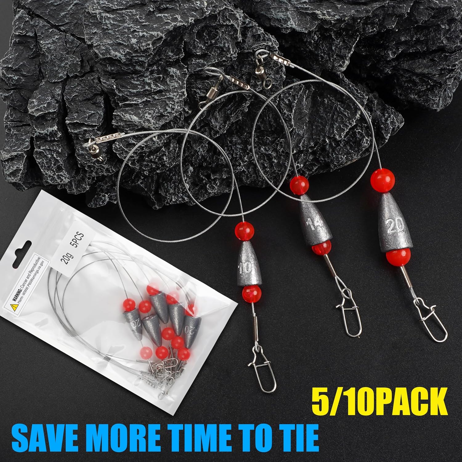 Carolina Rigs for Bass Fishing, Pre Rigged Carolina Catfish Rigs Kit Ready Tied Steel Fishing Leaders with Bullet Fishing Weights Beads for Saltwater Freshwater 3/8oz 1/2oz 3/4oz