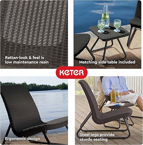 Vista 5 de Keter Rio, 3 piezas, Juego de muebles de mesa y silla para patio, jardín, exteriores, todo tipo de climas, gris, Marrón Whiskey