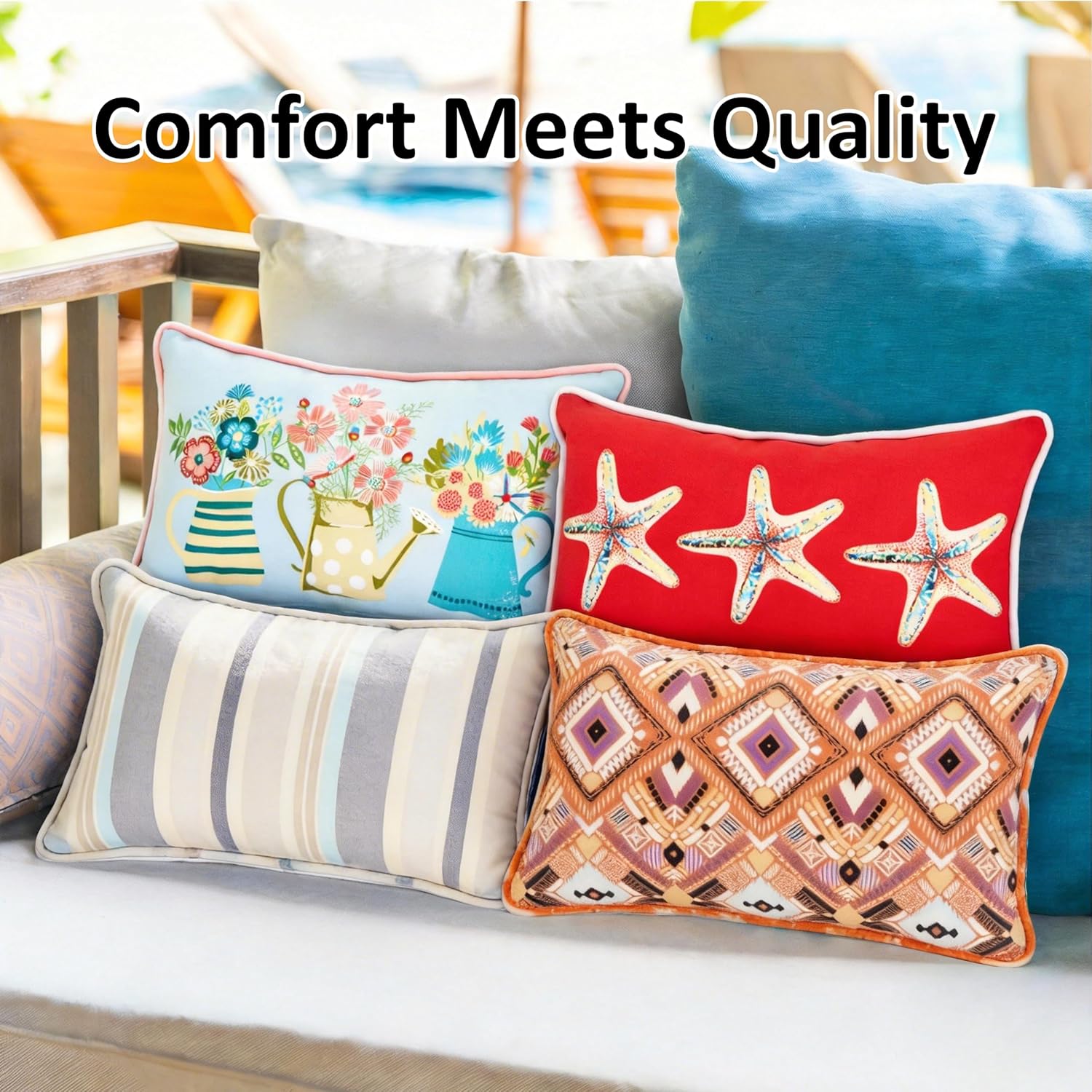 Outdoor Lumbar Pillows 12x20 Throw Pillow Set of 4 Fade Resistant & Water Resistant Decorative Lumbar Pillows for Patio,Garden,Couch,Furniture,Sofa,Bed,Living Room,Coastal Gray Stripe