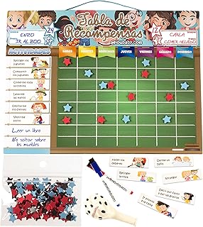TABLEAU DES RESPONSABILITÉS Magnetique Large | Tableu de Recompense pour Mur ou Réfrigérateur 43x32cm, 22 Activités, 2 Marqueurs, 1 Globe | Présentation Boîte Cadeau enfants, anniversaires (Espagnol)