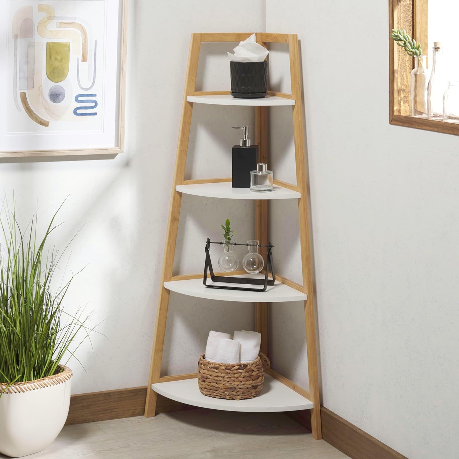 SAFAVIEH Home Collection Home Collection Rainier White/Natural 4-Tier Corner Storage Shelf