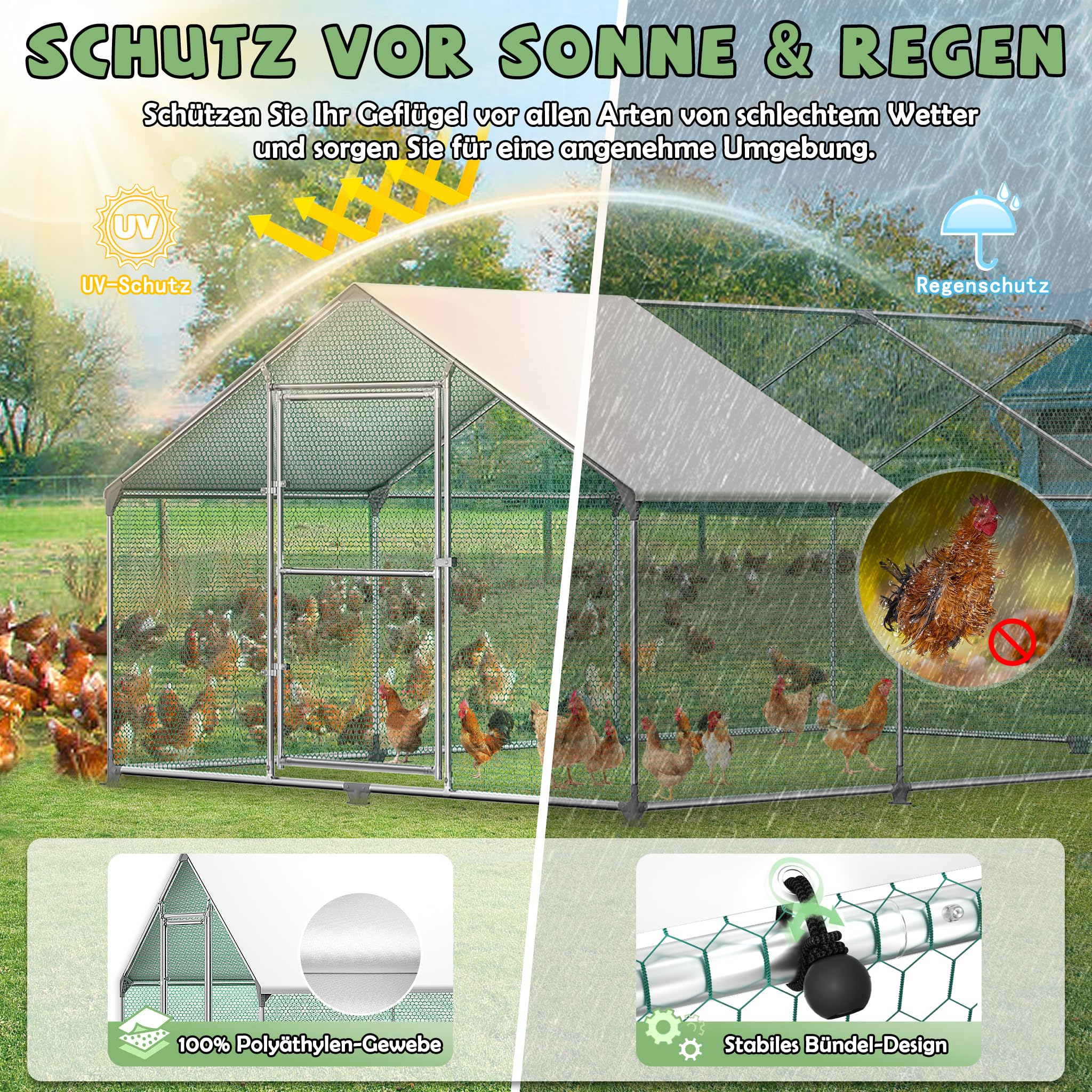Froadp Pollai e Gabbie in Acciaio Zincato per Galline Uccelli da Esterno Gabbia con PE Tetto Parasole e Lucchetto Grande Recinto di Pollo Voliera per Animali Conigli Polli Cucce (3x2x2m, 6㎡)
