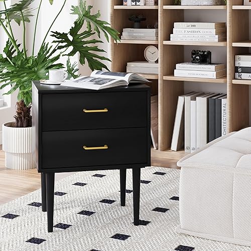 Miniatura 6 de Mesita de noche negra con 2 cajones, moderna mesita de noche negra, mesitas de noche de madera para dormitorio, mesa auxiliar de cama, mesa