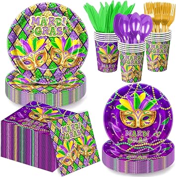 QIYANPAX Mardi Gras Decorations Plates and Napkins Set, Includes Plates, Napkins, Cups, Cutlery for Mardi Gras Party Decorations, Serves 20