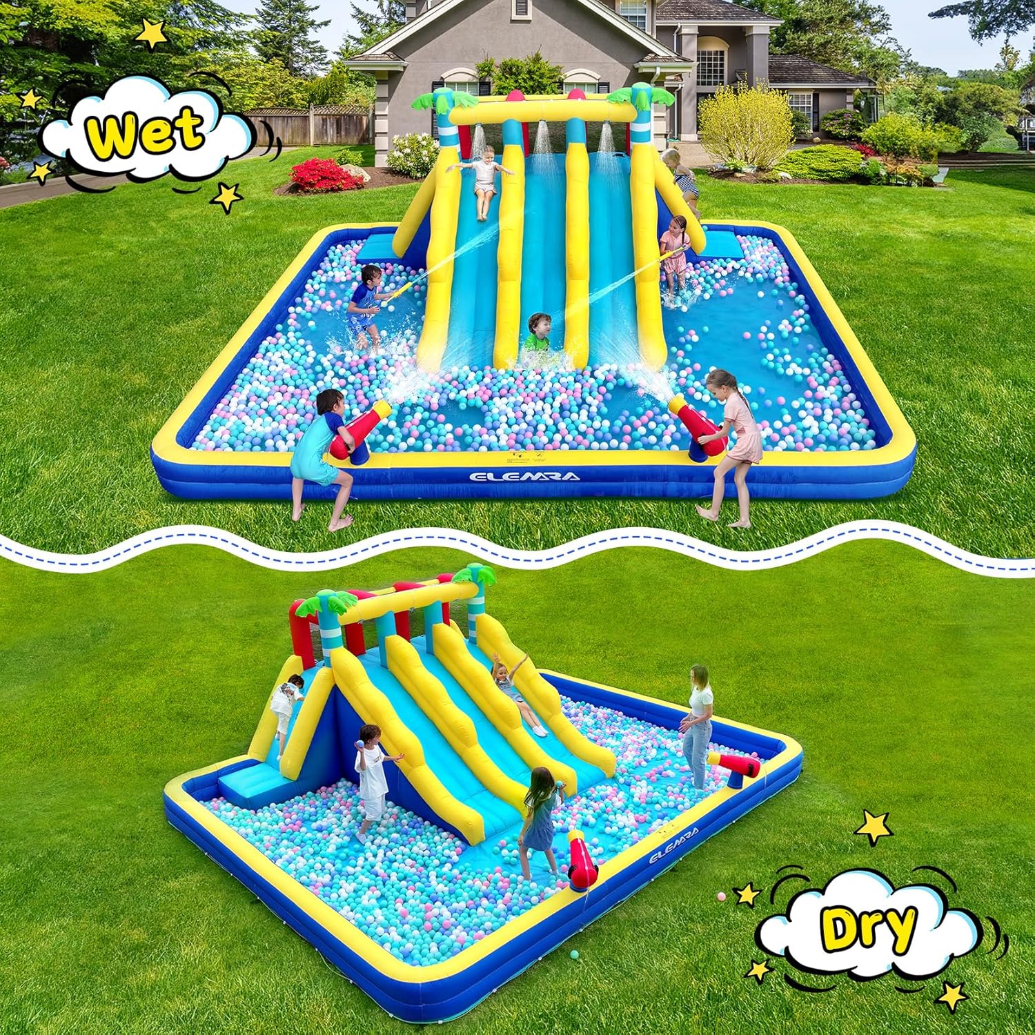 ELEMARA Inflatable Water Slide for Big Kids, 20.66x16.4FT w/Large Double-Layer Pool, Bounce House for Kids Backyard w/3 Extra-Long Slides, Climbing Wall, 2 Water Cannons,Water Spraying,750W Air Blower