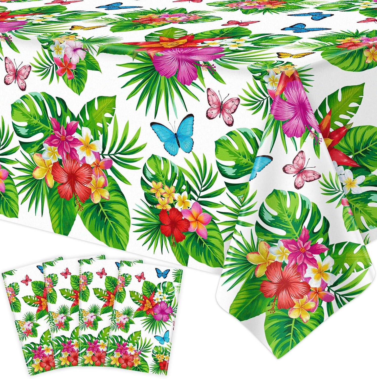 4 Pack Tropical Tablecloth Hawaiian Luau Tablecloths Colorful Flower Butterfly Table Cloth Beach Pool Kids Birthday Table Cover Supplies 51 X 86IN
