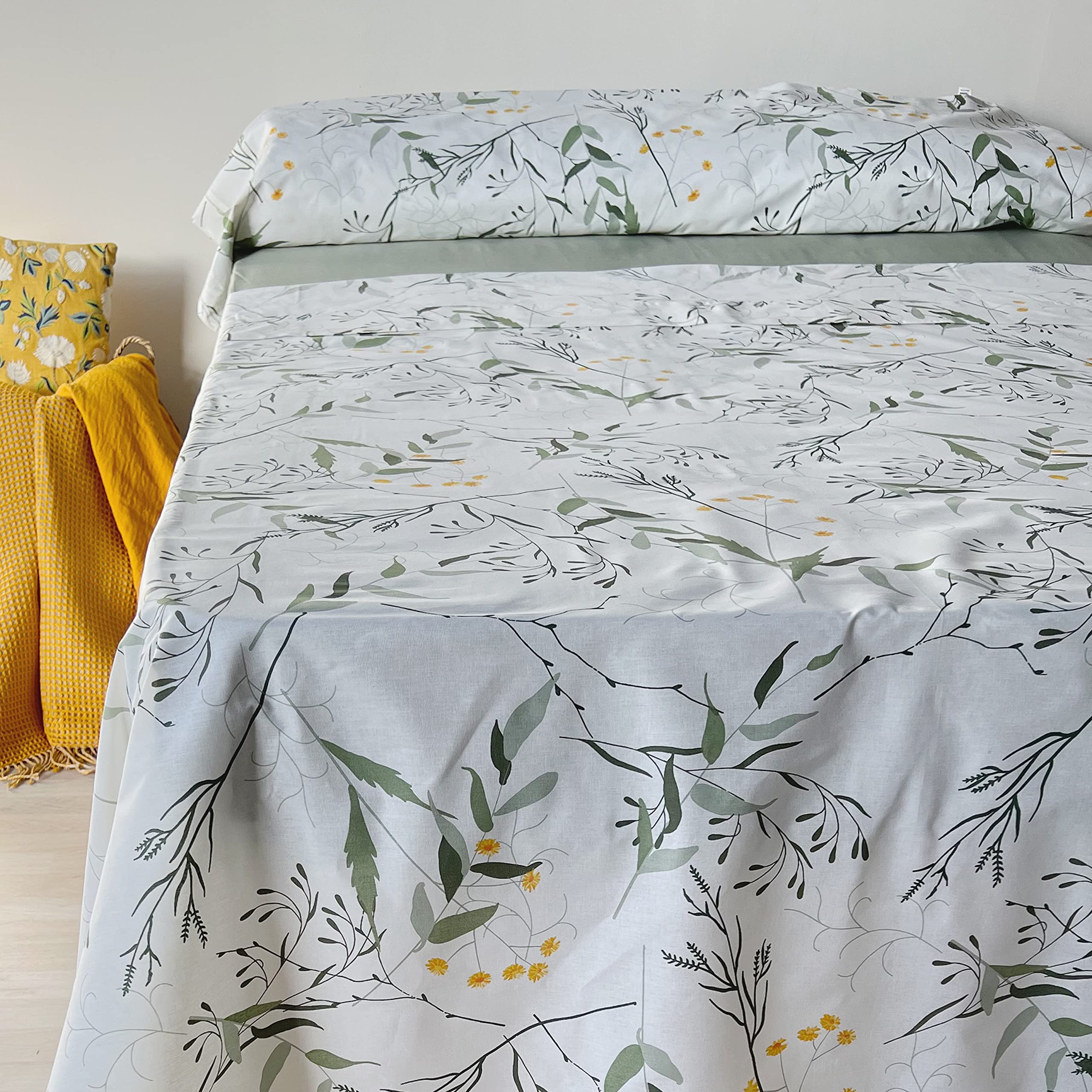 Juego de Sábanas 100% Algodón Orgánico – Estampado Natural de Hojas – 3 o 4 Piezas: Encimera, Bajera Ajustable y 1-2 Fundas de Almohada – Sábanas Transpirables y Suaves (150CM)