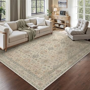 GENIMO Washable Living Room Area Rug 6x9 Vintage Design, Low Pile Lightweight Soft Print Non-Slip Rug for Kitchen Entryway Bedroom Office Large Rugs, Darkgrey