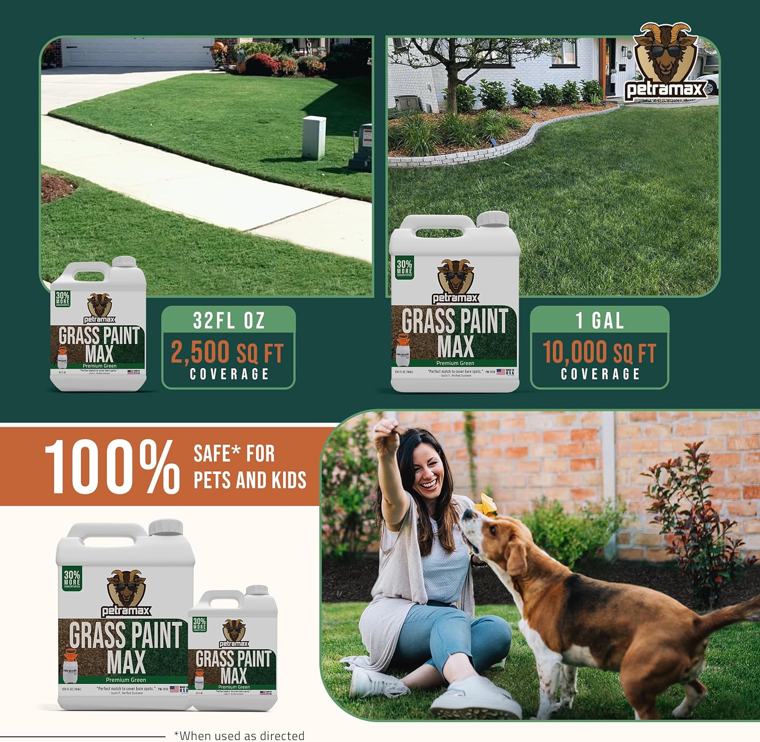 PetraMax Max Grass Paint for Lawn - Maintain Perfect Green Grass, Spray for Lawn & Shrubs Green Spray, Paint Pair with Petra Sprayers - Touch up Dog Spots - Non-Toxic Safe for Pets (Premium, 1 Gal)