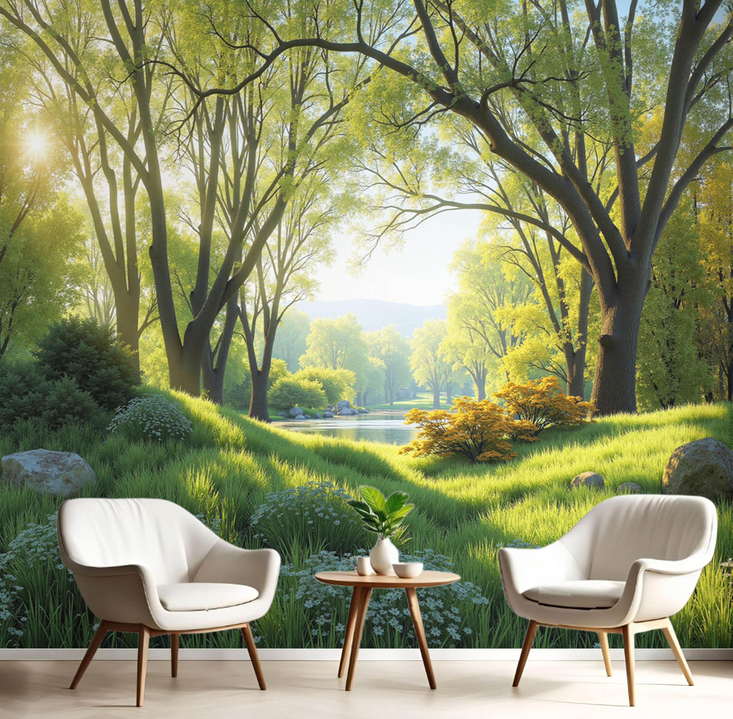Carta da Parati Panoramica Primavera Prato Boschi Piante Foto Wallpaper Poster Gigante Design 300×210cm Murale Decor della Parete Soggiorno Camera da Letto Carta da Parati