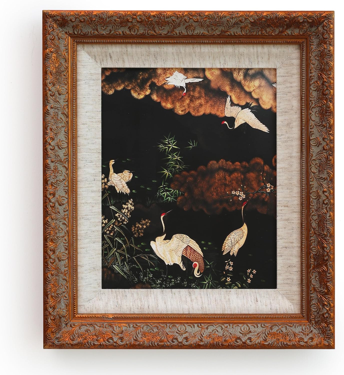 SoochART Gold Wood Framed Canvas Wall Art Vintage Decor,Chinese Crane Painting Prints,8"x10" Picture Frame for Living Room Bathroom Kitchen Bedroom，Tempered Glass