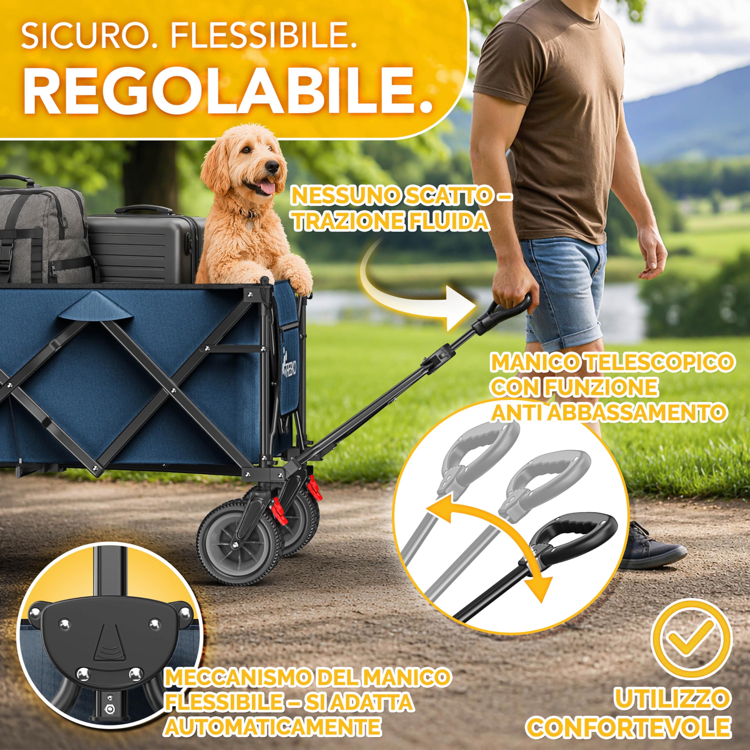 TRESKO® Carrello pieghevole da 300 l con freno, carrello pieghevole da 150 kg con pneumatici in gomma piena, pieghevole, extra large, ruote per il trasporto con borsa per il trasporto (blu)